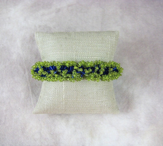 Glass Beaded Bracelet - Chartreuse Green Seed Beads with Navy Blue Bugle Beads - Jewelry