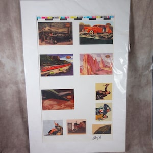 May include: A white matted print with nine vintage postcards featuring images of a car, train, airplane, and people enjoying the outdoors. The postcards are arranged in a grid pattern and have a vintage aesthetic.