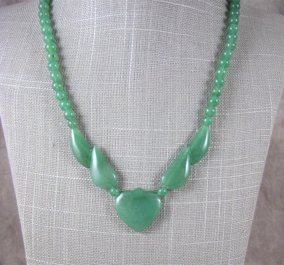 Green JADITE (?) Necklace - Heart and Beads - Nat… - image 2