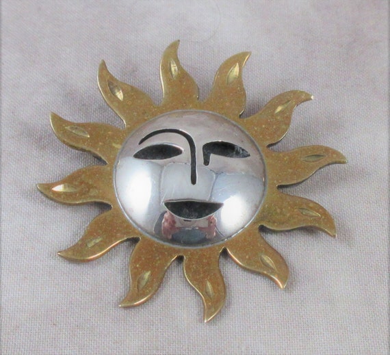 Stunning Sterling Mexican Silver SUN BROOCH Large… - image 1