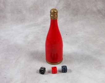 1940s Tiny German Red ENAMELED Metal BOTTLE with Miniature Dice Inside - Germany