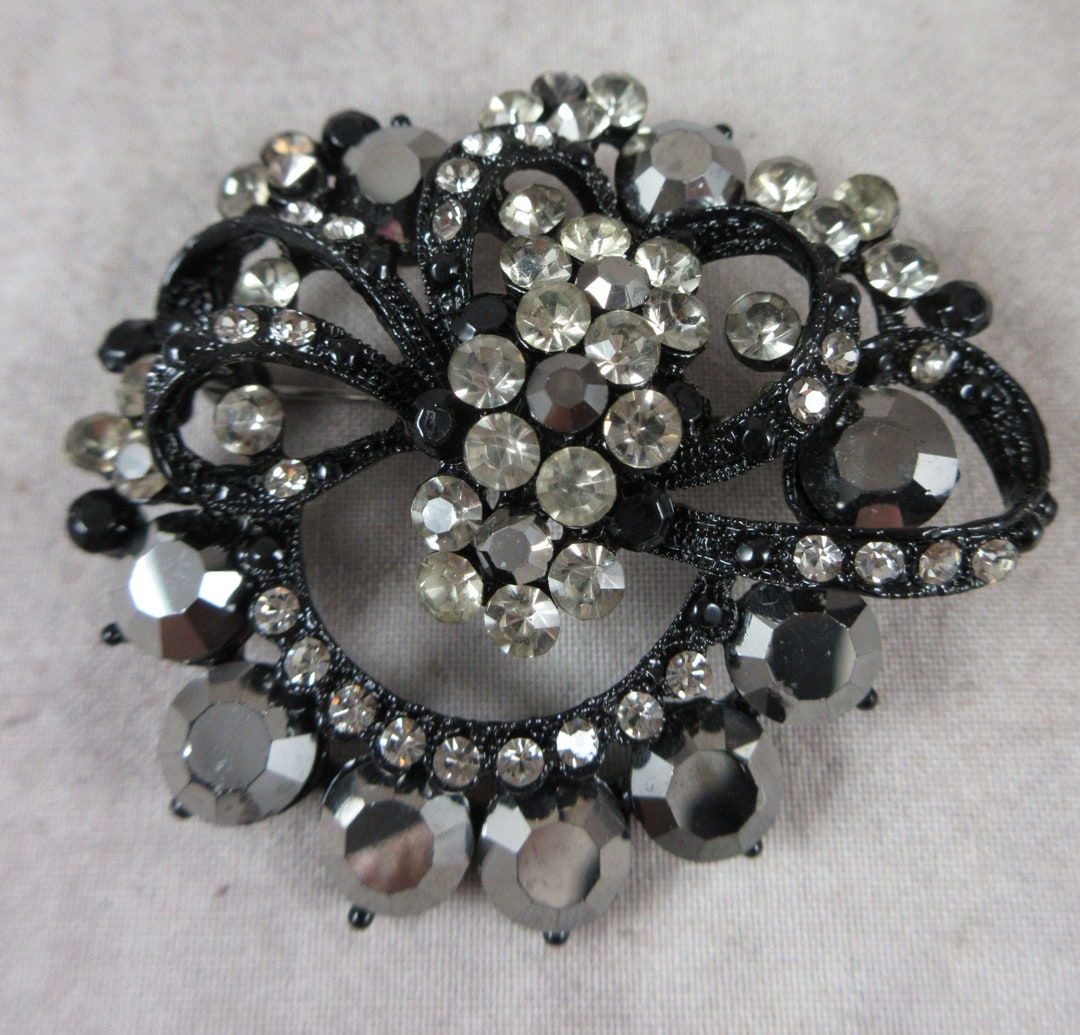 Large Rhinestone Brooch With Sparkly Gray & White Rhinestones, Black ...
