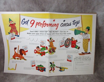 1948 Post Cereal Ringling Bros. Circus Toys Ad Color Fold Out 2 Pages - Ringling Brothers