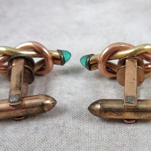 1930s DOLAN BULLOCK Knot Cufflinks Two Toned Metal with Emerald Green Glass image 4