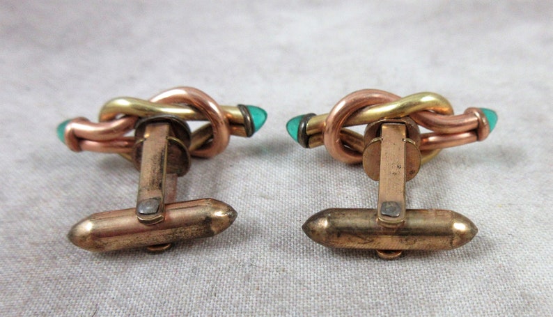 1930s DOLAN BULLOCK Knot Cufflinks Two Toned Metal with Emerald Green Glass image 4