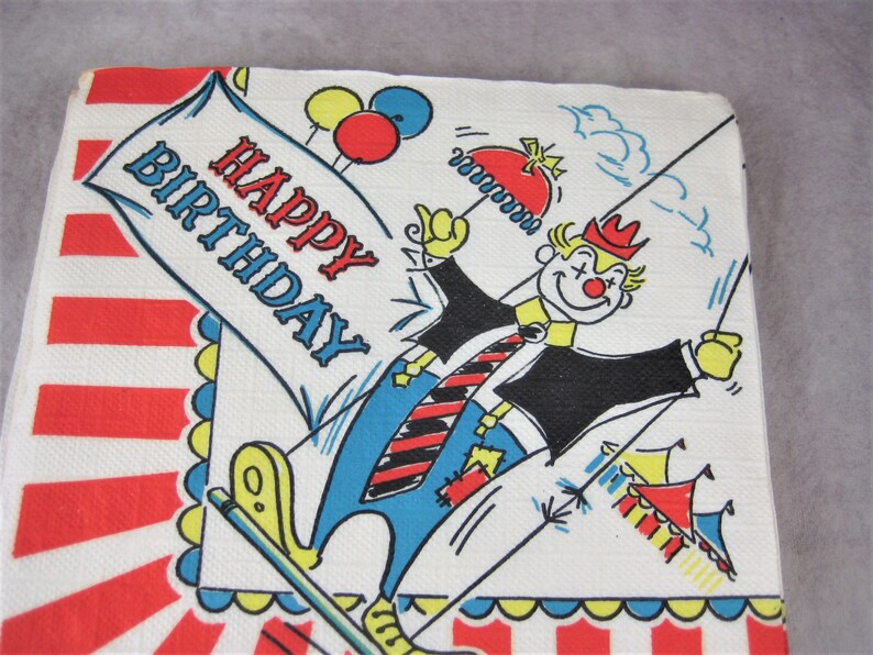 1960s Napkins Happy Birthday 15 Unused new Old Stock Clown Circus Big Top Large Paper Party Napkins image 3