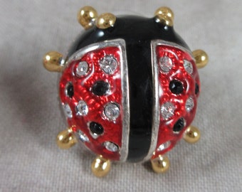 BEST Enameled Ladybug Earrings Pair with Clear and Black Rhinestones - Enamel