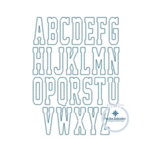 May include: A set of uppercase letters in a varsity style font. The letters are outlined in a blue color and filled with a white color. The letters are arranged in three rows. The letters are A, B, C, D, E, F, G, H, I, J, K, L, M, N, O, P, Q, R, S, T, U, V, W, X, Y, and Z.