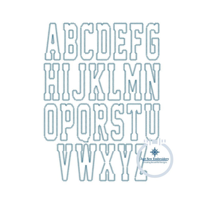 May include: A set of uppercase letters in a varsity style font. The letters are outlined in a blue color and filled with a white color. The letters are arranged in three rows. The letters are A, B, C, D, E, F, G, H, I, J, K, L, M, N, O, P, Q, R, S, T, U, V, W, X, Y, and Z.
