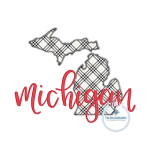 May include: An embroidery design of the state of Michigan in a black and white plaid pattern with the word "Michigan" in red cursive lettering. The design includes a small snowflake ornament with the text "Just Sew Embroidery Creating Beautiful Designs".