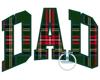 May include: The word "DAD" in large, bold letters with a green outline. Each letter is filled with a red, green, blue, and yellow plaid pattern.