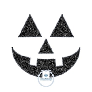 May include: Black glitter embroidery design of a jack-o'-lantern face. The design features two triangle eyes, a triangle nose, and a curved mouth with a rectangular tooth.