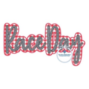 May include: Embroidered design of the words "Race Day" in a silver glitter font with a red and white gingham background. The design includes a small tag with the text "Just Sew Embroidery Creating Beautiful Designs".