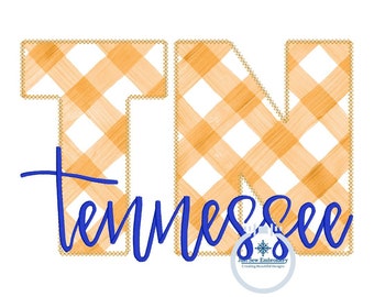 May include: A digital embroidery design featuring the letters "TN" in a yellow and white gingham pattern. The word "Tennessee" is written in blue cursive script below the letters. The design is perfect for creating personalized apparel, home decor, or other crafts.
