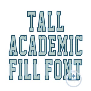 May include: A digital design displaying the text "TALL ACADEMIC FILL FONT" in a tall, blocky font. The text is light blue with a darker blue outline, set against a white background. A small logo is in the bottom right corner of the design.