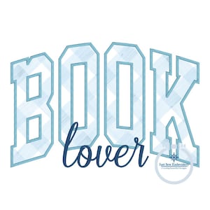May include: Blue and white checked "BOOK lover" embroidery design. The letters are in a bold, blocky font.
