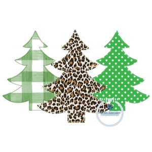 Può includere: Tre disegni di alberi di Natale. Un albero è a quadri verdi e bianchi, il secondo è con stampa leopardata e il terzo è verde con pois bianchi. Gli alberi sono su sfondo bianco. L'immagine include il testo "Just Sew Embroidery Creating Beautiful Designs."