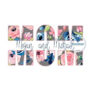 May include: Floral embroidery design for a Mom with the names Megan and Michael. The design features a gray background with pink and blue watercolor flowers.