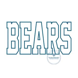 Puede incluir: Un contorno azul de la palabra "BEARS" en un estilo de fuente en negrita y en bloque. La palabra est&aacute; centrada en un fondo blanco.