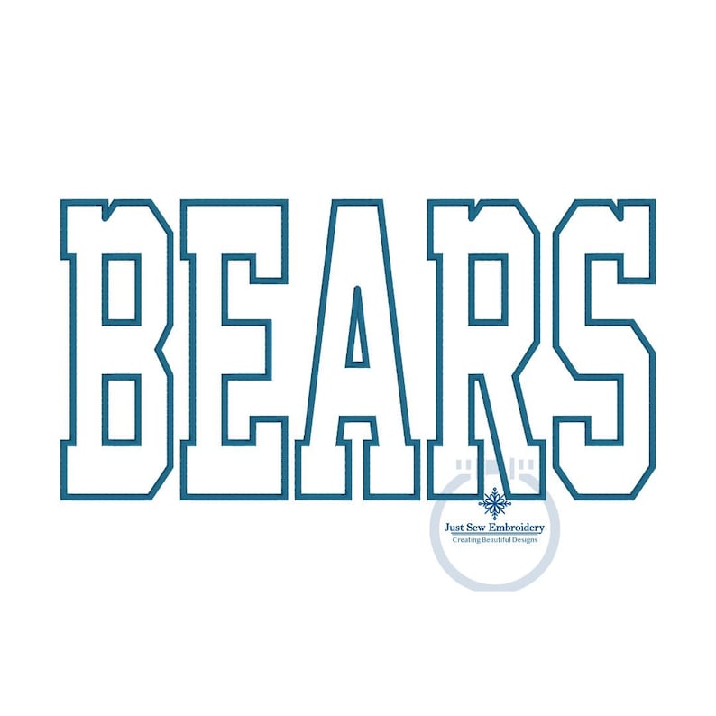 Puede incluir: Un contorno azul de la palabra "BEARS" en un estilo de fuente en negrita y en bloque. La palabra est&aacute; centrada en un fondo blanco.