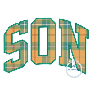 Könnte beinhalten: Das Wort "SON" in großen, fetten, grün umrandeten Buchstaben. Jeder Buchstabe ist mit einem karierten Muster in Orange, Gelb, Grün und Blau gefüllt.
