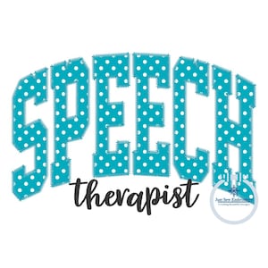 May include: A teal blue and white polka dot design with the word "SPEECH" in large letters and the word "therapist" in cursive writing below. The design is surrounded by a white background.