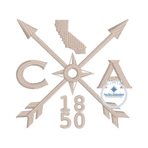 May include: Beige embroidered design featuring a compass, arrows, the letters "CA", and the numbers "1850". The design also includes an outline of the state of California.