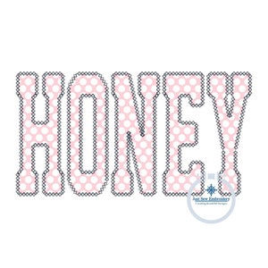 Diseño de bordado a máquina con apliques de puntada de diamante HONEY, fuente universitaria, cinco tamaños: aro de 5 x 7, 8 x 8, 9 x 9, 6 x 10 y 7 x 12