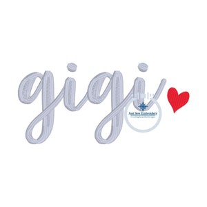 May include: A grey embroidered design of the word "gigi" with a red heart to the right. The design is on a white background.