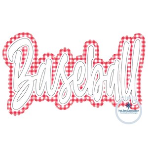 May include: White "Baseball" text with a red and white gingham pattern behind it. The text is outlined in red. The image includes the text "Just Sew Embroidery Creating Beautiful Designs".