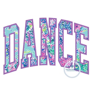 May include: Purple outlined letters spelling "DANCE" with a floral pattern inside each letter. The letters are in a varsity style font. The background is white.