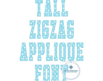 Puede incluir: Diseño de bordado Tall Zigzag Applique Font en azul claro con lunares blancos. El diseño incluye las palabras "Tall Zigzag Applique Font" y un pequeño logotipo que dice "Just Sew Embroidery Creating Beautiful Designs".