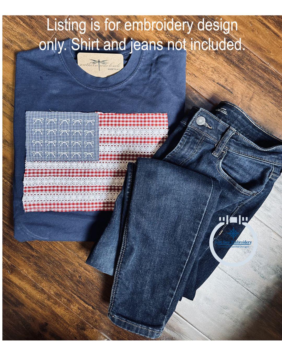アメリカ国旗のリボンとレースのアップリケ刺繍機デザイン ビーン