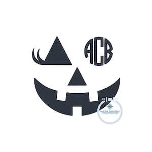 May include: Black and white embroidery design of a jack-o'-lantern face with a monogram "ACB" in the eye. The design is ideal for Halloween crafts and decorations.