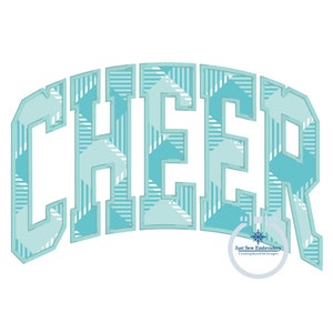 May include: A blue and white plaid design of the word "CHEER" in a varsity style font. The text is outlined in a darker blue. The design is from Just Sew Embroidery, creating beautiful designs.