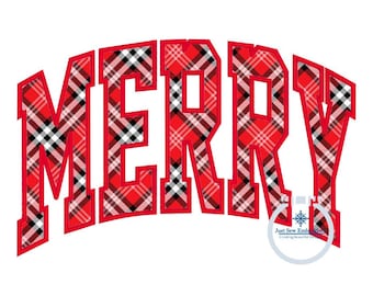 Merry Arched Satin Applique Embroidery Machine Design Four Sizes 5x7, 8x8, 6x10, 8x12 Hoop