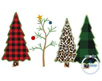 Aplique de trio de árvore de natal com design de bordado de árvore em bastão bordado Charlie Brown árvore três tamanhos 8x8, 6x10, 8x12 aro