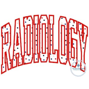 Könnte beinhalten: Rot-blaues Punkte-Design mit dem Wort "RADIOLOGY" in einer fetten roten Umrandung.