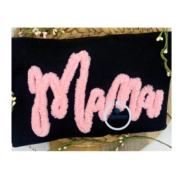 MAMA Script Chenille Yarn Applique Embroidery Design Mother's Day Gift Five Sizes 5x7, 8x8, 6x10, 7x12, and 8x12 Hoop