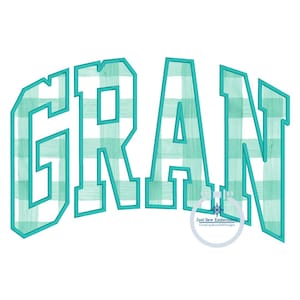 May include: Teal blue embroidered word "GRAN" in a gingham pattern. The letters are outlined in a darker teal blue.