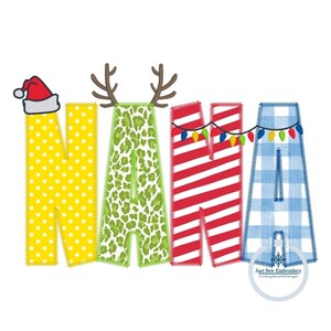 May include: A festive design spelling "NANA" with Christmas decorations. The letters are patterned with yellow polka dots, green leopard print, red and white stripes, and blue plaid. The first "N" has a Santa hat, the "A" has antlers, and the other "A" has fairy lights.