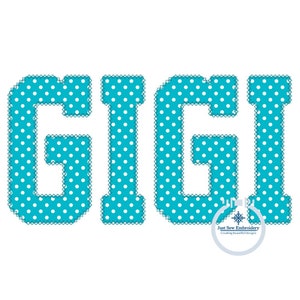 May include: The word "GIGI" in white letters with a turquoise polka dot pattern. The letters are outlined in a darker turquoise color.