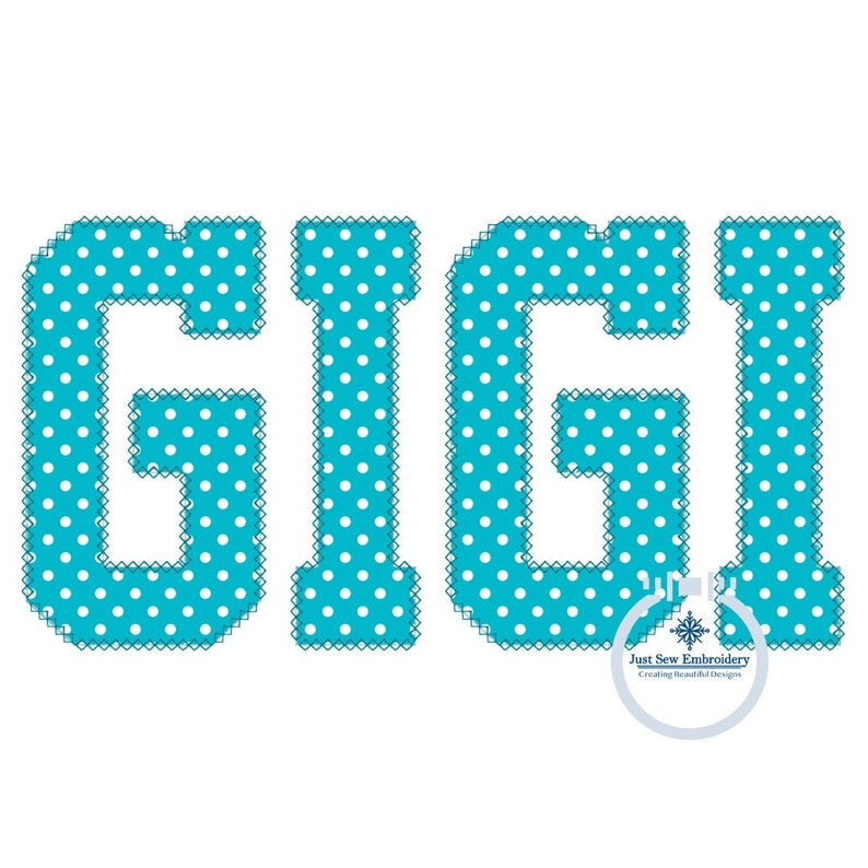 May include: The word "GIGI" in white letters with a turquoise polka dot pattern. The letters are outlined in a darker turquoise color.