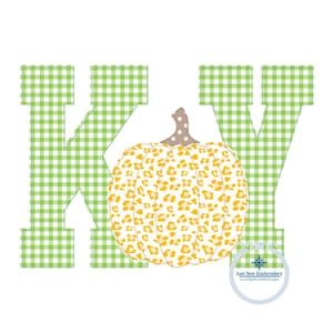 May include: Green and white gingham letters "KY" with a yellow and orange pumpkin with brown stem and white polka dots in the center.