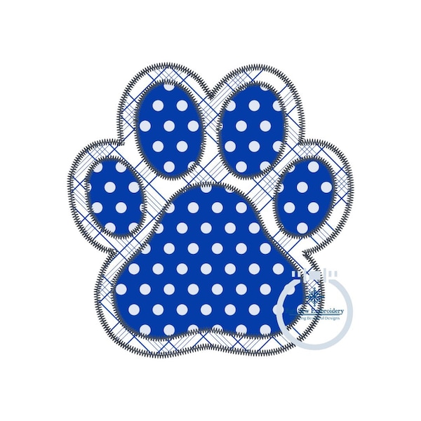 Applique Paw Print Embroidery Design Two Layer Zigzag Edge Stitch Five Sizes 4 inch, 5 inch, 6 inch, 7 inch, and 8 inch