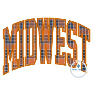 May include: An orange and blue plaid design of the word "MIDWEST" in a large, arched font. The design is outlined in orange.