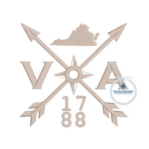 May include: A beige embroidered design featuring a compass, two arrows, the letters "VOA", and the numbers "1788". The design also includes an outline of the state of Virginia.