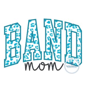 May include: Blue and white leopard print "BAND MOM" design with a white snowflake logo in the bottom right corner.