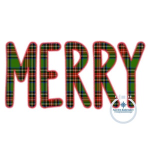 May include: The word "MERRY" in red outlined letters with a green, red, and yellow plaid pattern. The word is on a white background. The image includes a small logo in the bottom right corner that says "Just Sew Embroidery Creating Beautiful Designs".