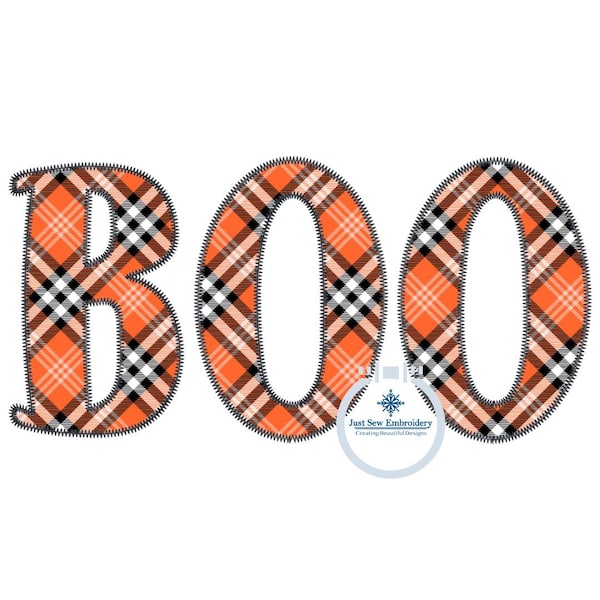 BOO Applique Machine Embroidery Design Zigzag Edge Stitch Four Sizes 5x7, 8x8, 6x10, 8x12 Hoop